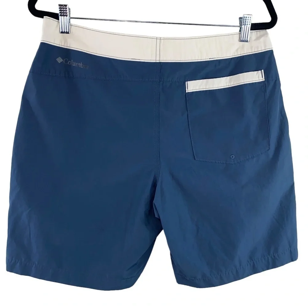 Men`s Columbia Lakedale Cove Blue‎ and Cream Board Shorts Zinc Stone Sz 34